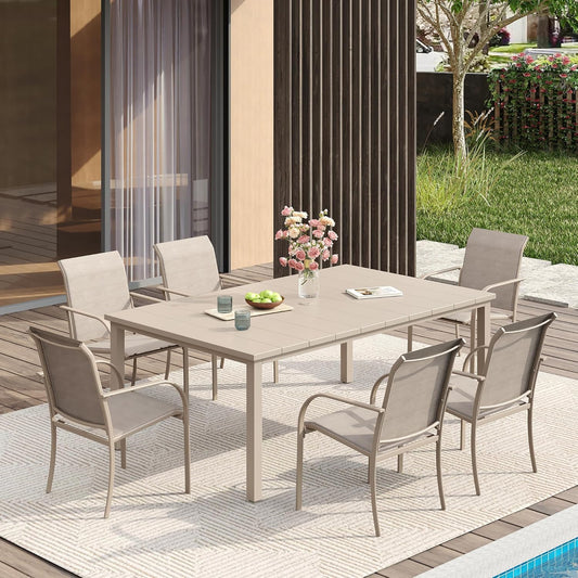 VICLLAX Patio Dining Set for 6, Outdoor Furniture Set Includes 63" Rectangle Patio Table and 6 Patio Sling Chairs, Outdoor Table and Chairs for Outsides, Sandshell Color Tabletop and Fabric