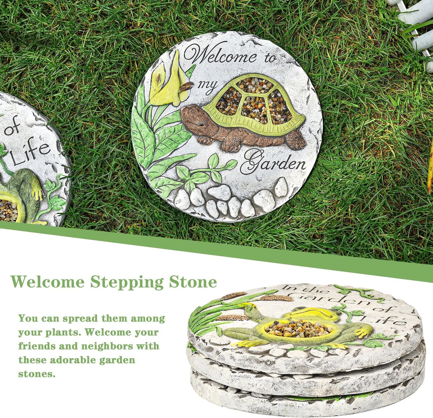 Sungmor 3PC Pretty Garden Stepping Stones, 9.8" Large Concrete Decorative Stones with Beautiful Pattern, Unique Outdoor Lawn Accents, Yard Walkway Flower Bed Wall Shelf Welcome Friends Decorations