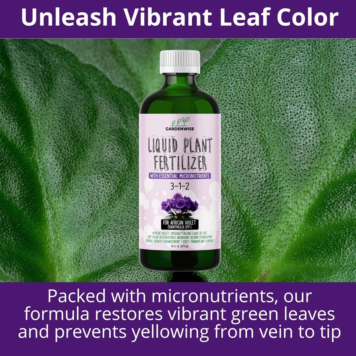 3-1-2 African Violet Fertilizer for Indoor Plants: Liquid Fertilizer with Essential Micronutrients Drops - Plant Food for African Violets (16 OZ)