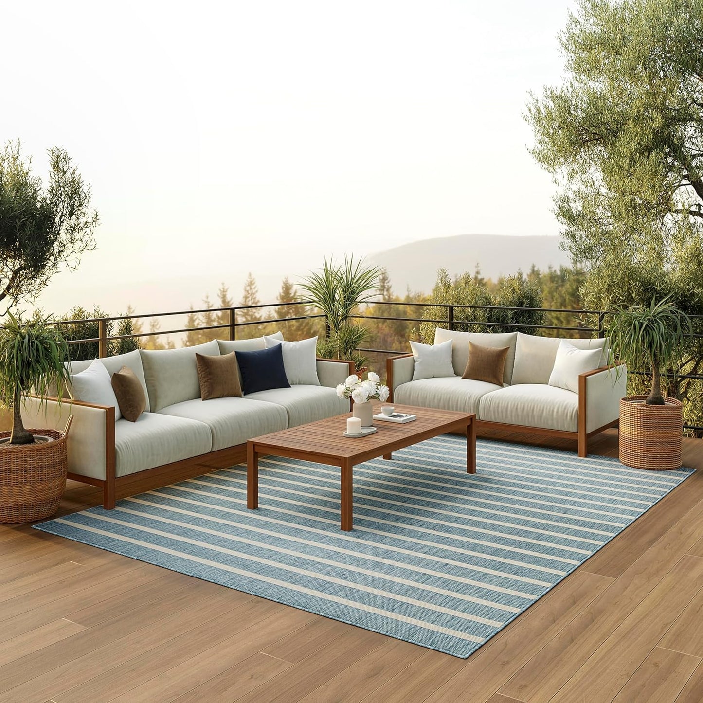 Nourison Home Positano Indoor/Outdoor Aqua Ivory 7' x 10' Area -Rug, Easy -Cleaning, Non Shedding, Bed Room, Living Room, Dining Room, Deck, Backyard, Patio (7x10)