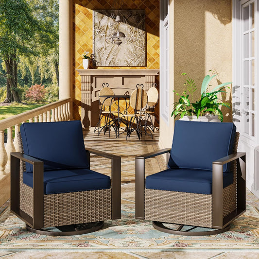 Outdoor Swivel Patio Metal Chairs Set of 2 - Porch Furniture 2 Pieces 360 Degree Glider Rockers Rattan Chairs with Washable Cushion & Metal Steel Rectangular Framed Armrest, Dark Blue