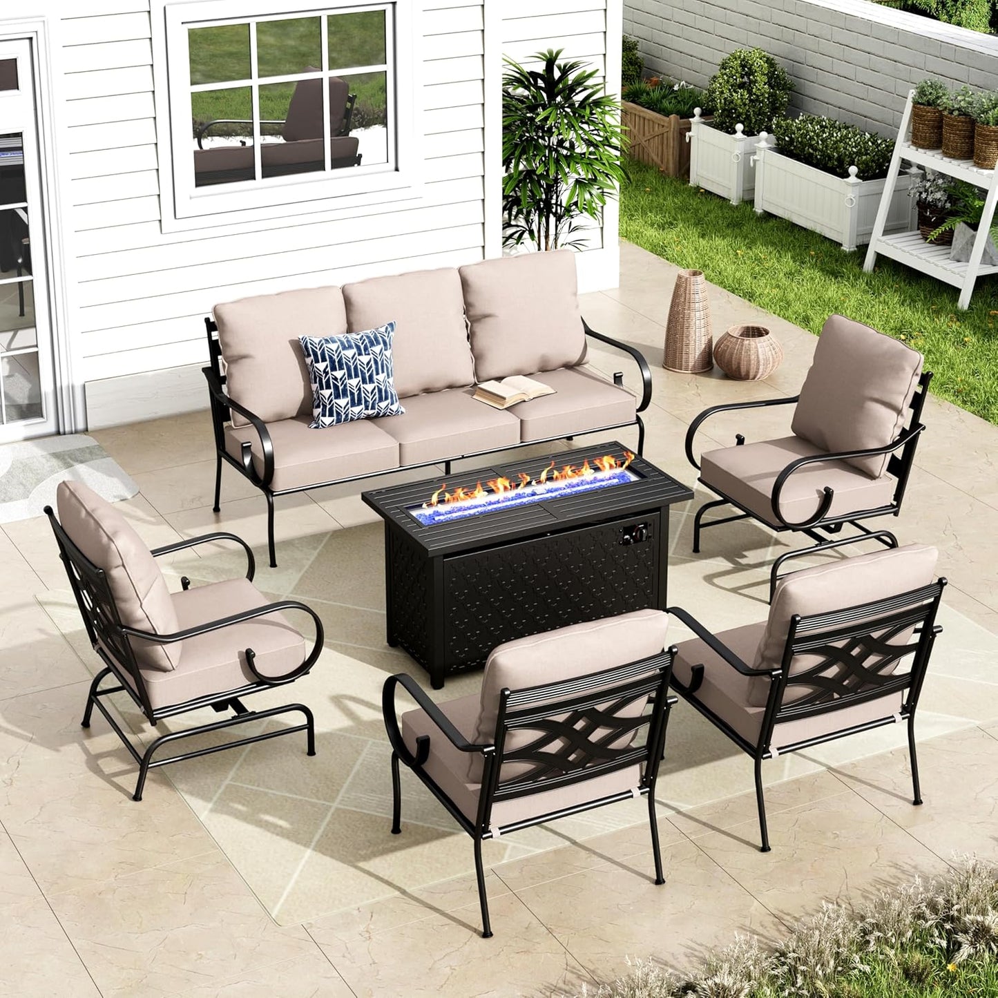 MFSTUDIO 7 Seats Metal Patio Furniture Sets, 6 Pieces Outdoor Sectional Sofa Conversation Set with 2 x Motion Chairs, 2 x Fixed Chairs, 1 x 3-seat Sofa and 1 x 45 inches Rectangular Fire Pit Table