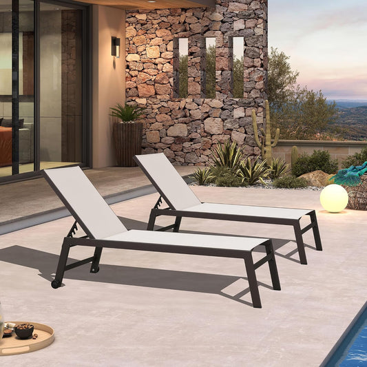 PURPLE LEAF Oversized Patio Lounge Chairs Set of 3, Reclining Pool Lounge Chairs with Side Table and Wheels for All Weather for Outdoor, Deck, Lawn, Aluminum Outside Pool, Linen