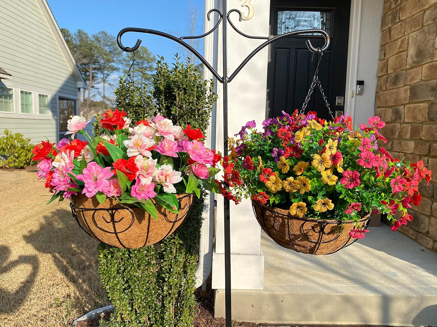 Artificial Faux Hanging Plants Flowers Basket for Summer Outdoor Outside Decoration, Fake Silk UV Sun Resistant Look Real Colorful Daisy Eucalyptus for Porch Home Patio Balcony Yard