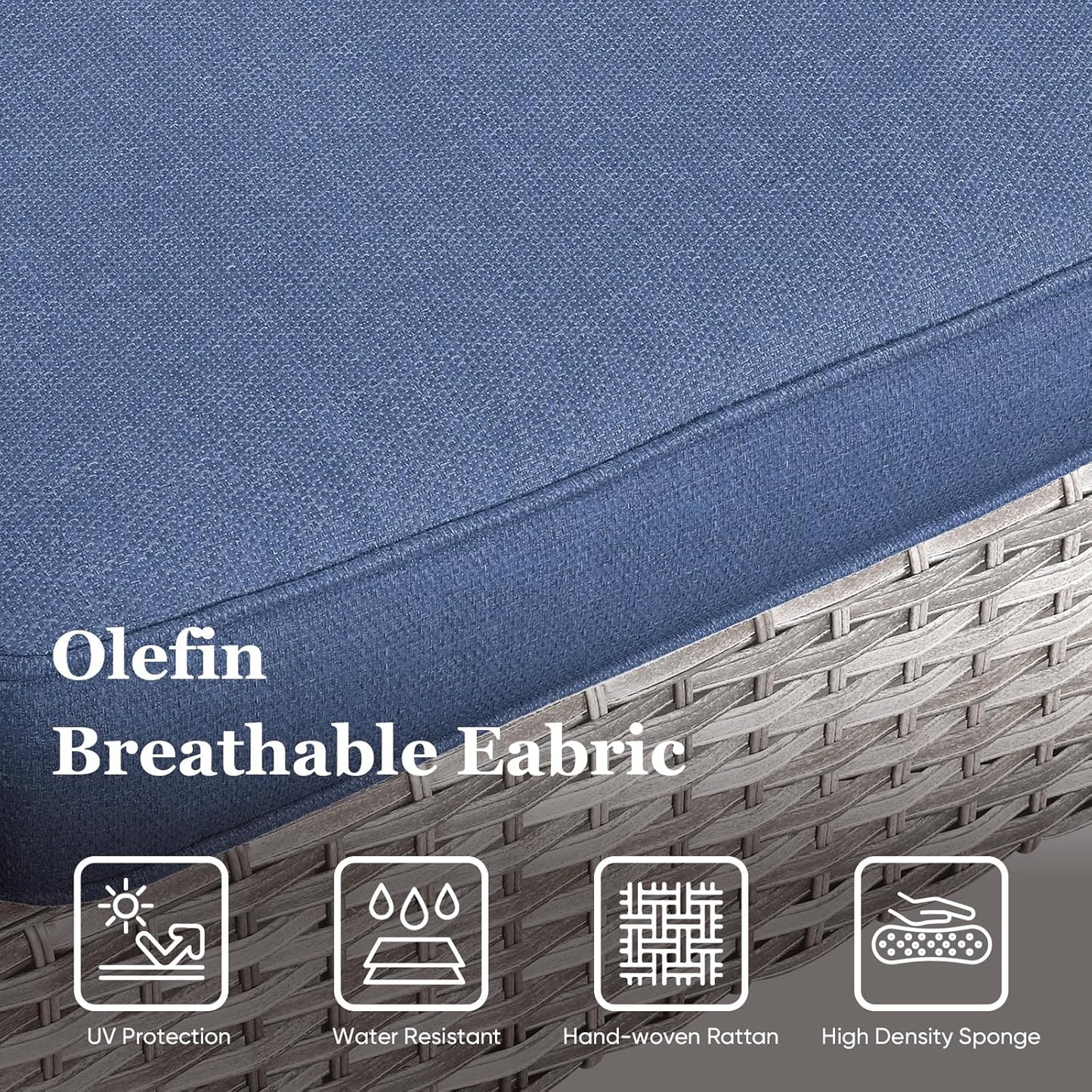 HUMMUH 3PCS Outdoor Chairs PE Wicker Patio Chairs and Side Table Metal Frame Porch Chairs with 4 inch Seat Blue Cushions