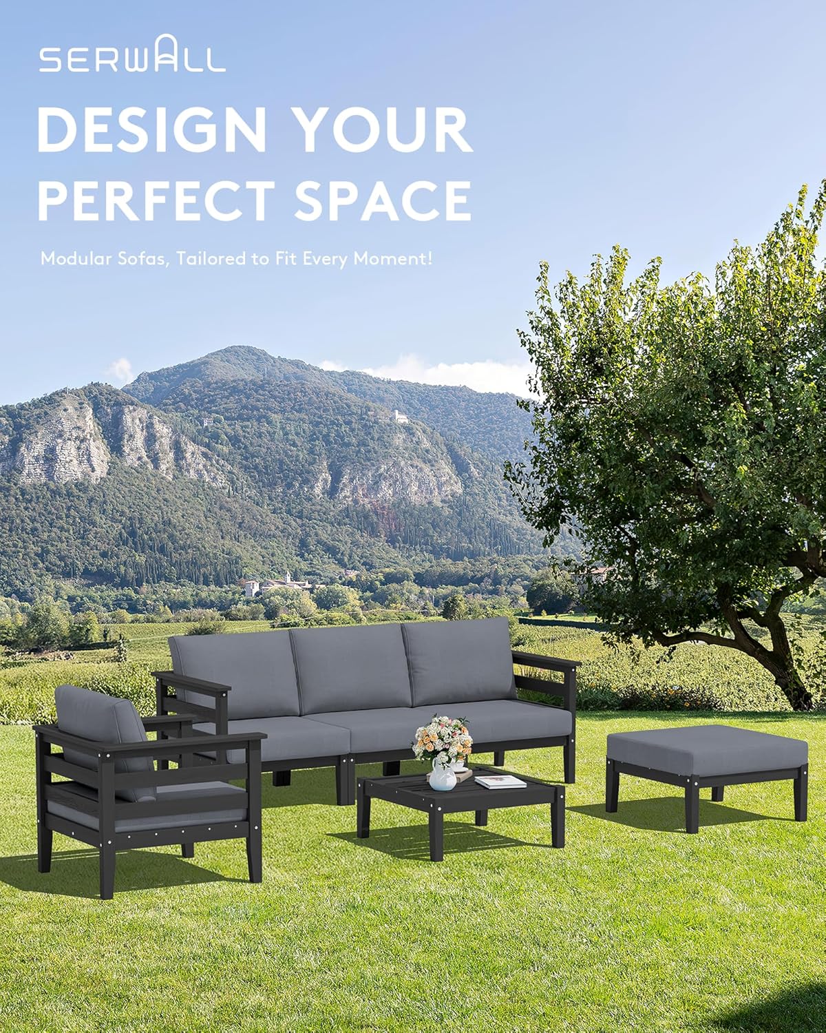 SERWALL HDPE Patio Furniture Set, 6 Pieces Outdoor Sectional Sofa Set, All-Weather Wood-Like Outdoor Sofa Couch with Coffee Table for Deck, Lawn, Black Frame with Grey Cushion