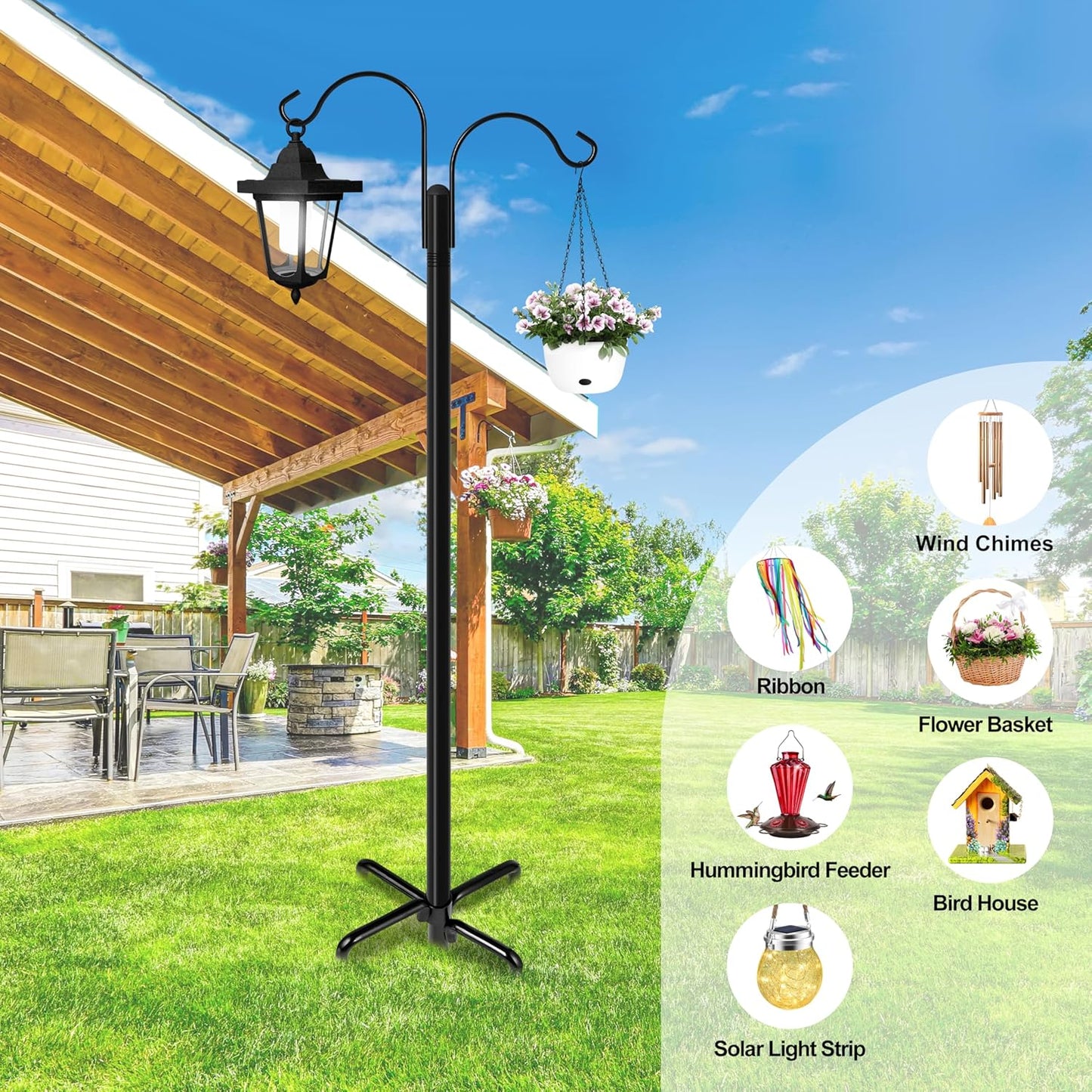 Ottsuls Double Shepherds Hooks for Outdoor, 92 Inch Bird Feeder Pole with 5 Prong Base, Upgrade 1 INCH Thick Heavy Duty Planter Hook for Hanging Baskets, Lantern,1 Pack