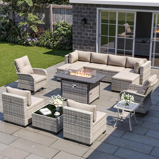 13-Piece Patio Furniture Set, Outdoor Patio Furniture with Swivel Chairs Set, Ottomans, 55,000 BTU Fire Pit Table, Modular Patio Sofa, Dual-Strand Wicker Rattan, Rust-Resistant Frame, Khaki