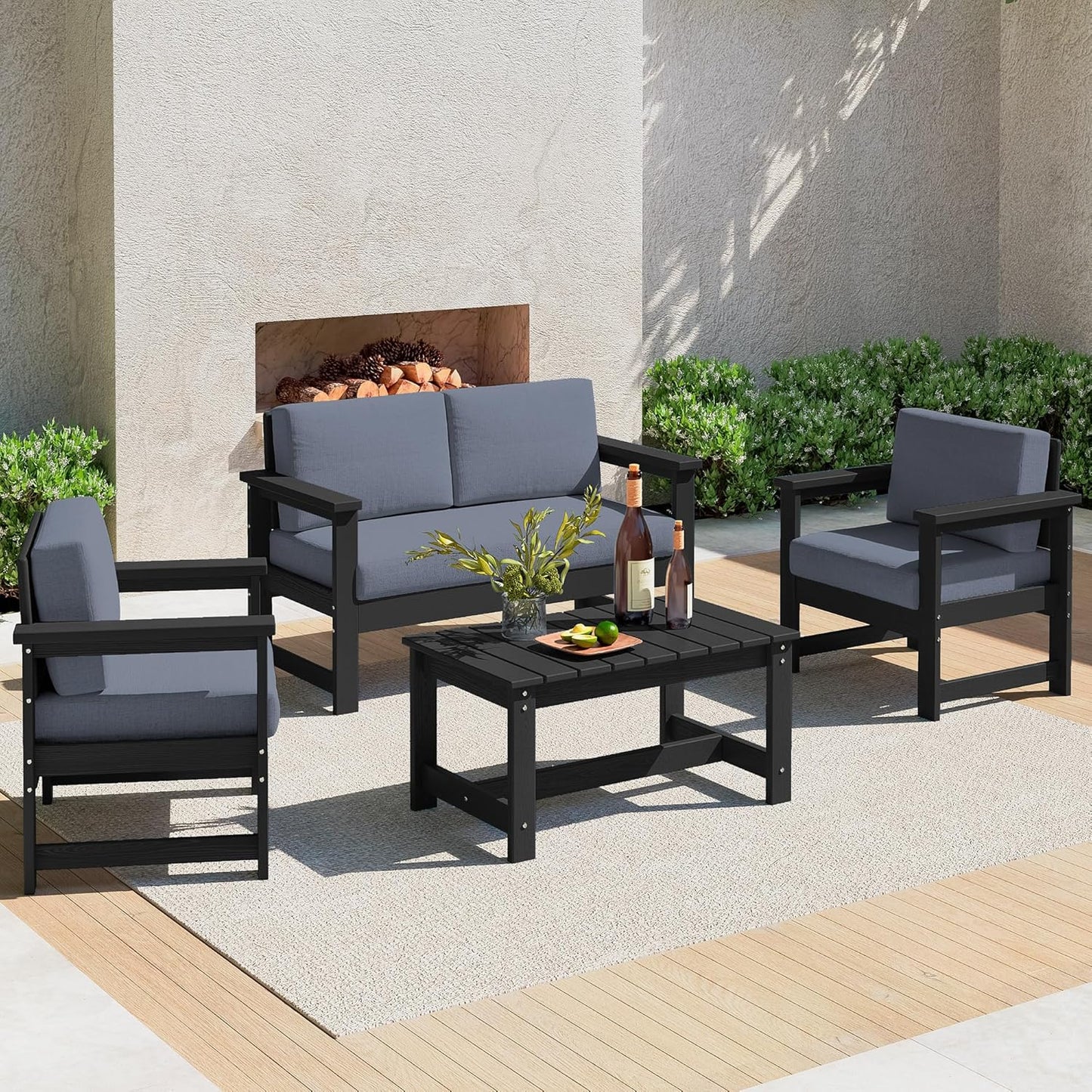 SERWALL 4 Pieces HDPE Outdoor Sofa Set with Cushion, All Weather Use Conversation Couch Set, Outdoor Loveseat Social Furniture with Coffee Table and Cushions, Black Frame with Grey Cushions