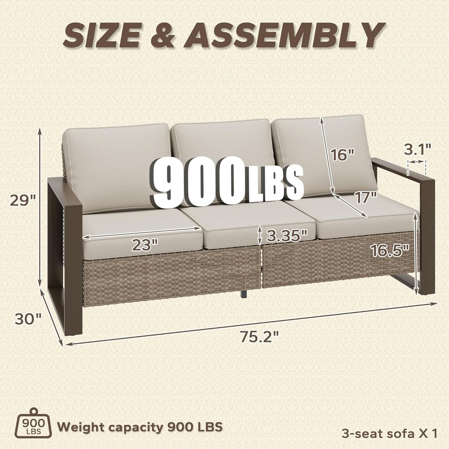 75" Patio Metal Wicker Sofa, All Weather Outdoor Rattan 3-Seat Sofa Couch with Premium Cushions & Rectangular Framed Wood-Looking Metal Armrest for Garden Backyard Porch Deck, Beige