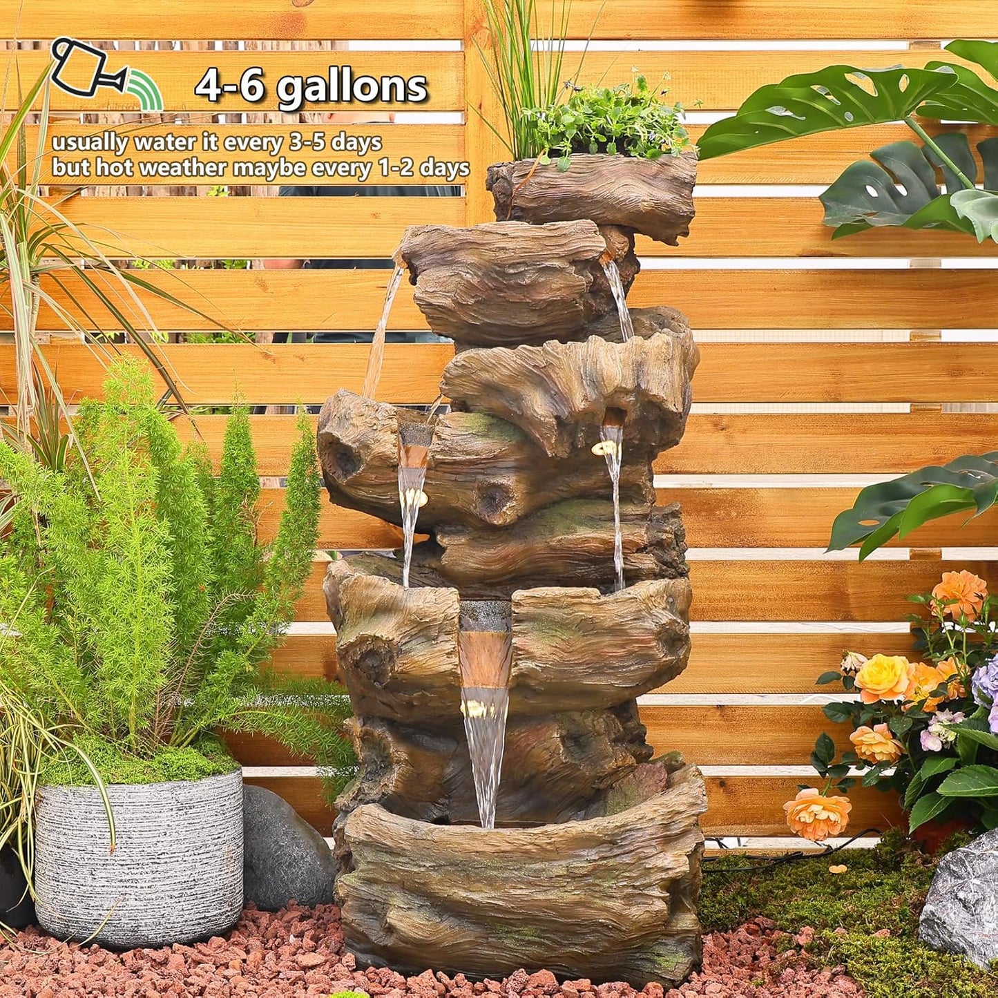 40.5" H Outdoor Garden Water Fountain 5 Tiers Large Cascading Rock Natural Waterfall Outdoor Fountain Resin Imitation Wood with LED Lights for Garden, Patio, Porch