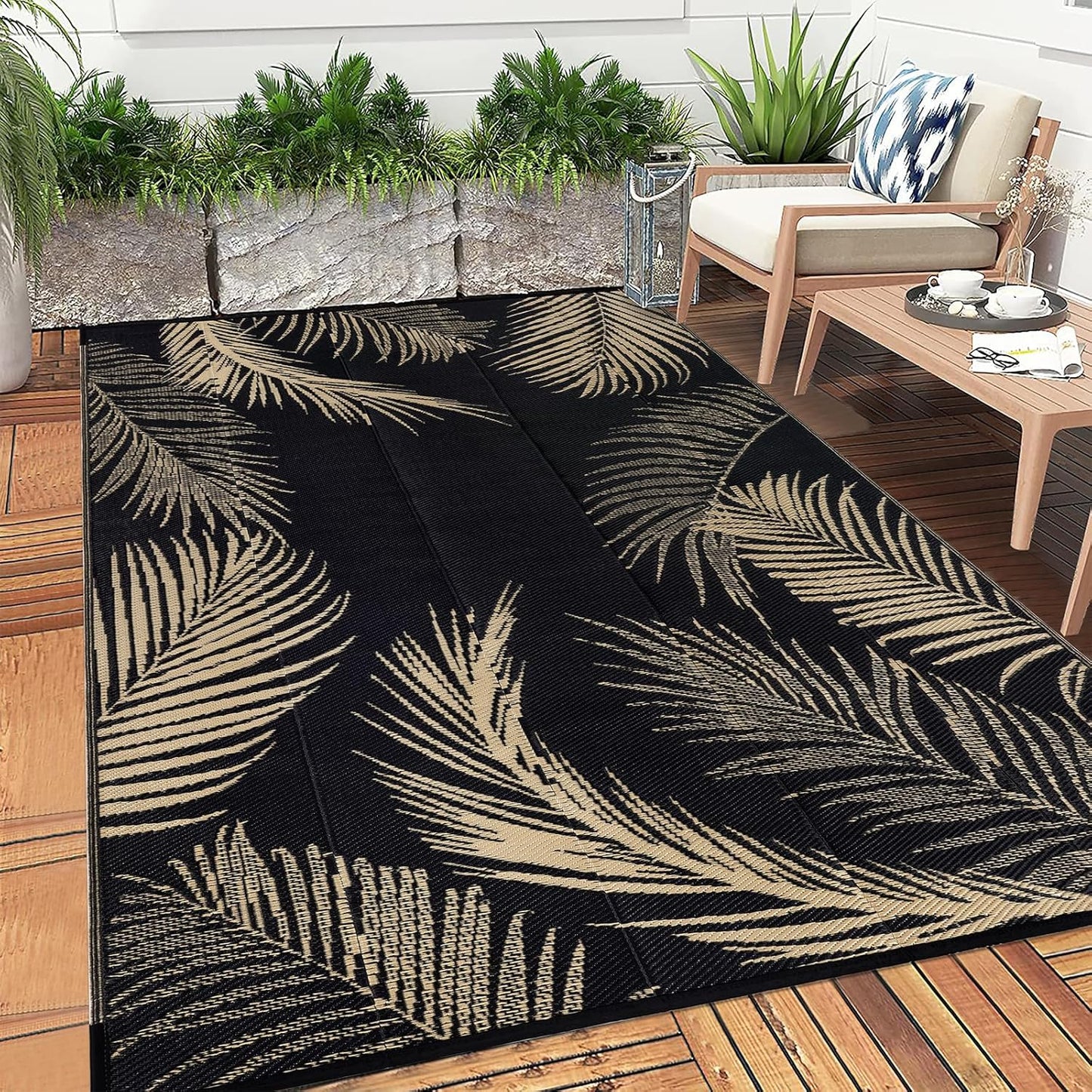 Pauwer Waterproof Outdoor Rug 8x10, Reversible Plastic Straw Patio Camping Rug, Indoor Outdoor RV Mat Carpet for Deck, Camper, Porch, Balcony, Backyard, Picnic, Leaf Black Brown