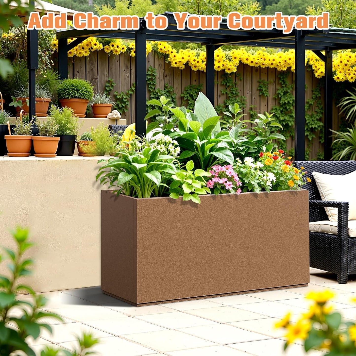 Rectangle Planter for Indoor & Outdoor, Tall and Long Planter Boxes with Drainage Holes, Mental Planter Box All-Weather Use for Plants, Flowers, 32" L x 10" W x 16.3" H, Brown