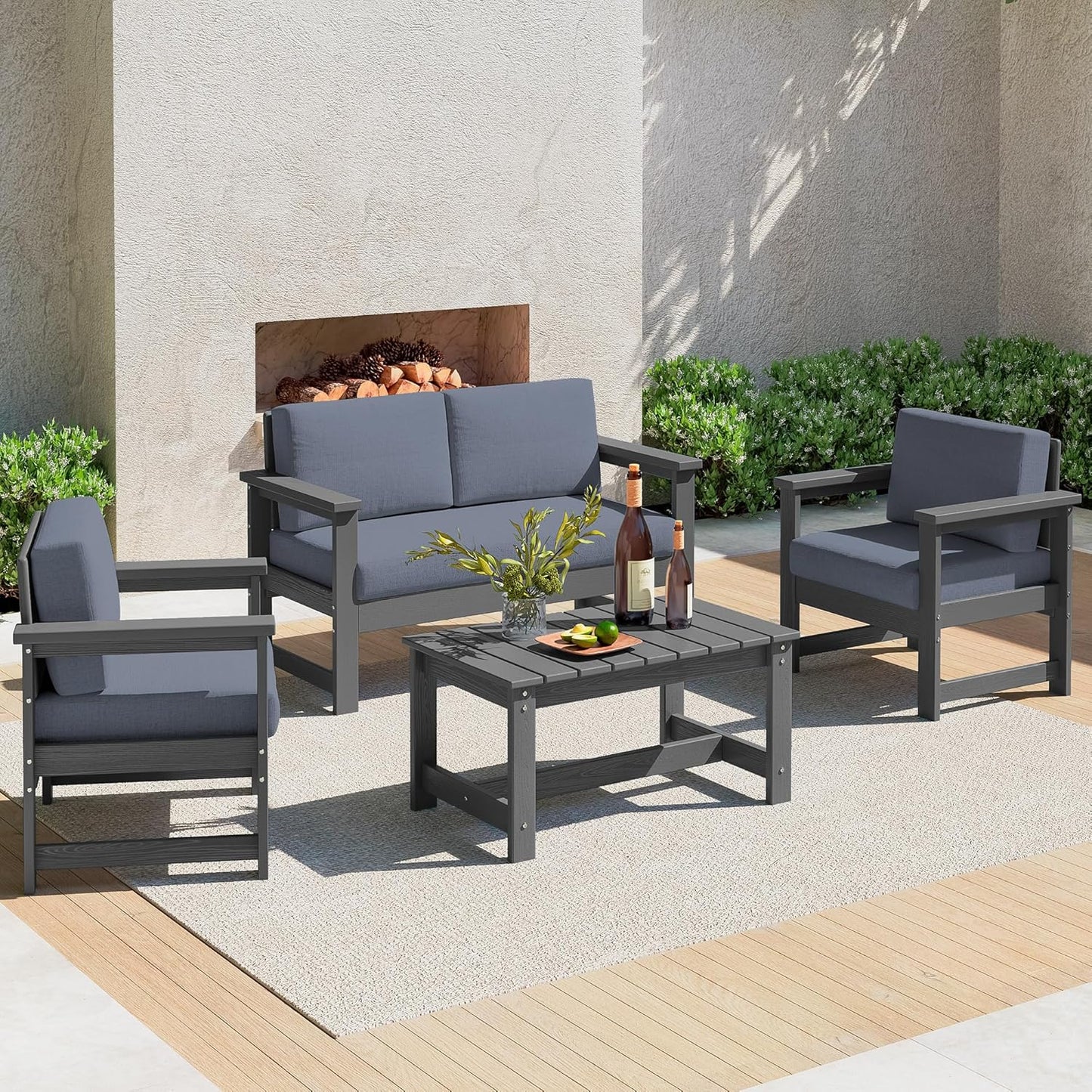 SERWALL 4 Pieces HDPE Outdoor Sofa Set with Cushion, All Weather Use Conversation Couch Set, Outdoor Loveseat Social Furniture with Coffee Table and Cushions, Grey Frame with Grey Cushions