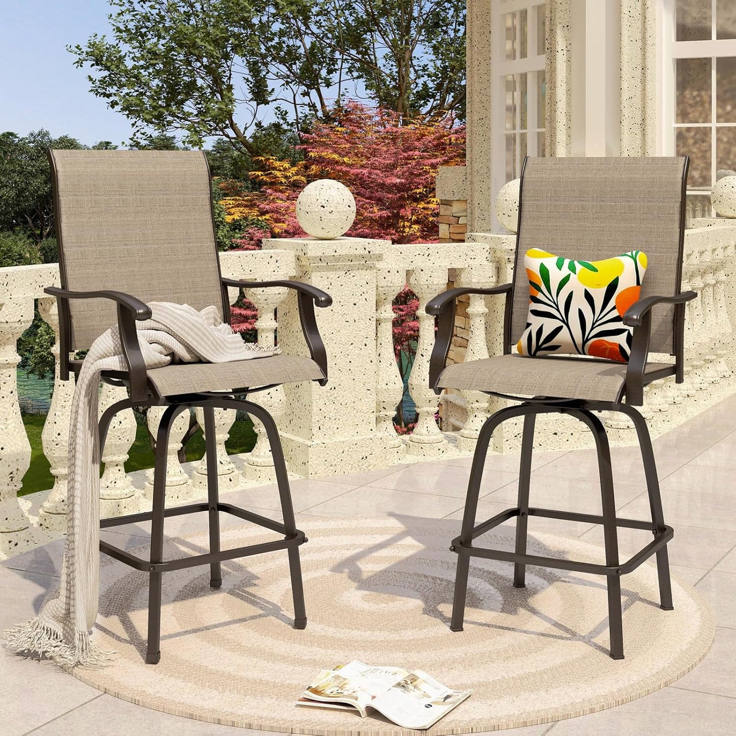 PHI VILLA Outdoor Swivel Bar Stools Set of 2, Bar Height Patio Chairs 30" Seat Height with All-Weather Brown Textilene Fabric, Tall Patio Chairs Furniture for Outside, Deck, Yard and Garden