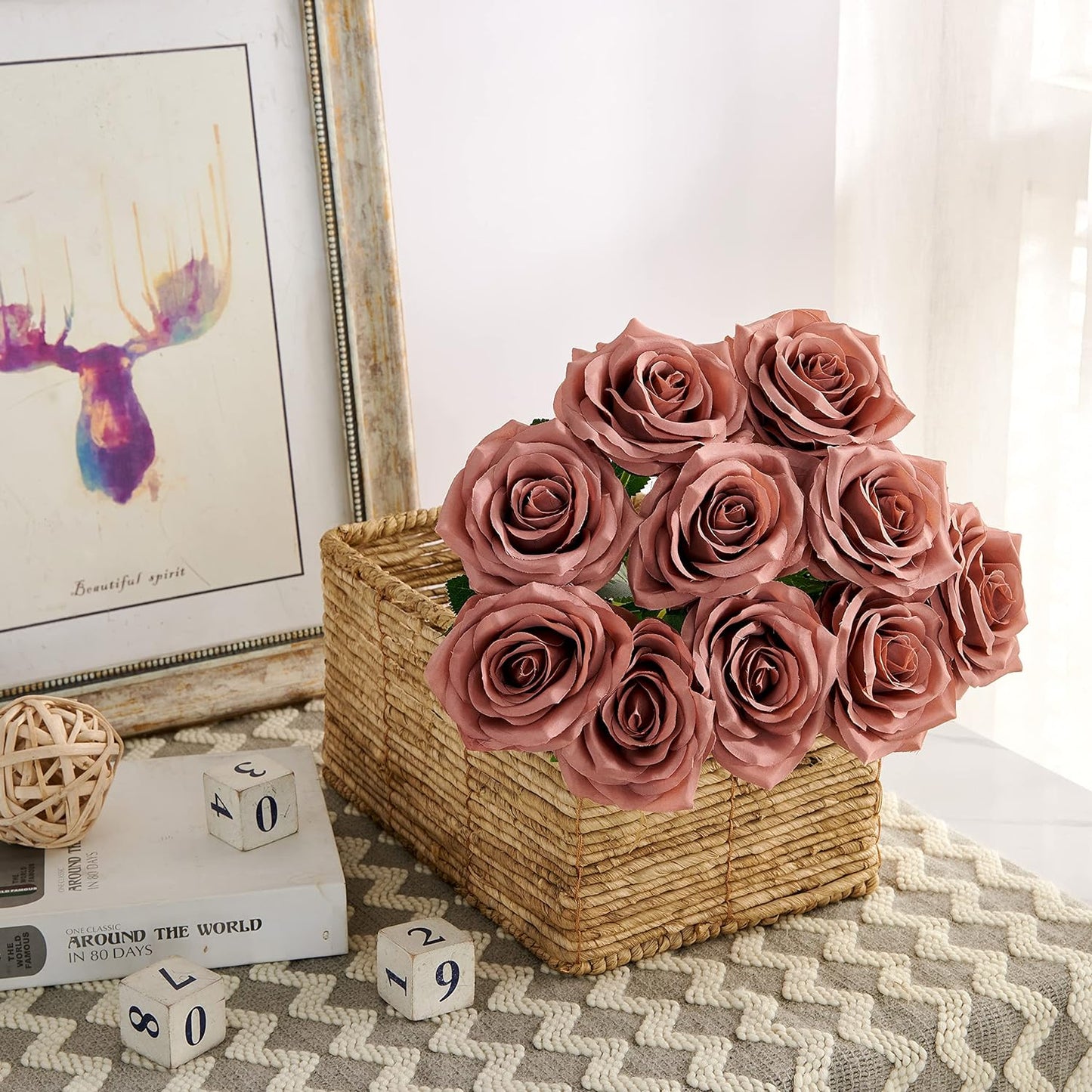 Artificial Rose 10pcs Open Flower Bouquet Faux Rose Stems for Wedding Arrangement, Bridal Bouquet, Centerpiece, Fake Faux Silk Flowers (Dusty Rose)