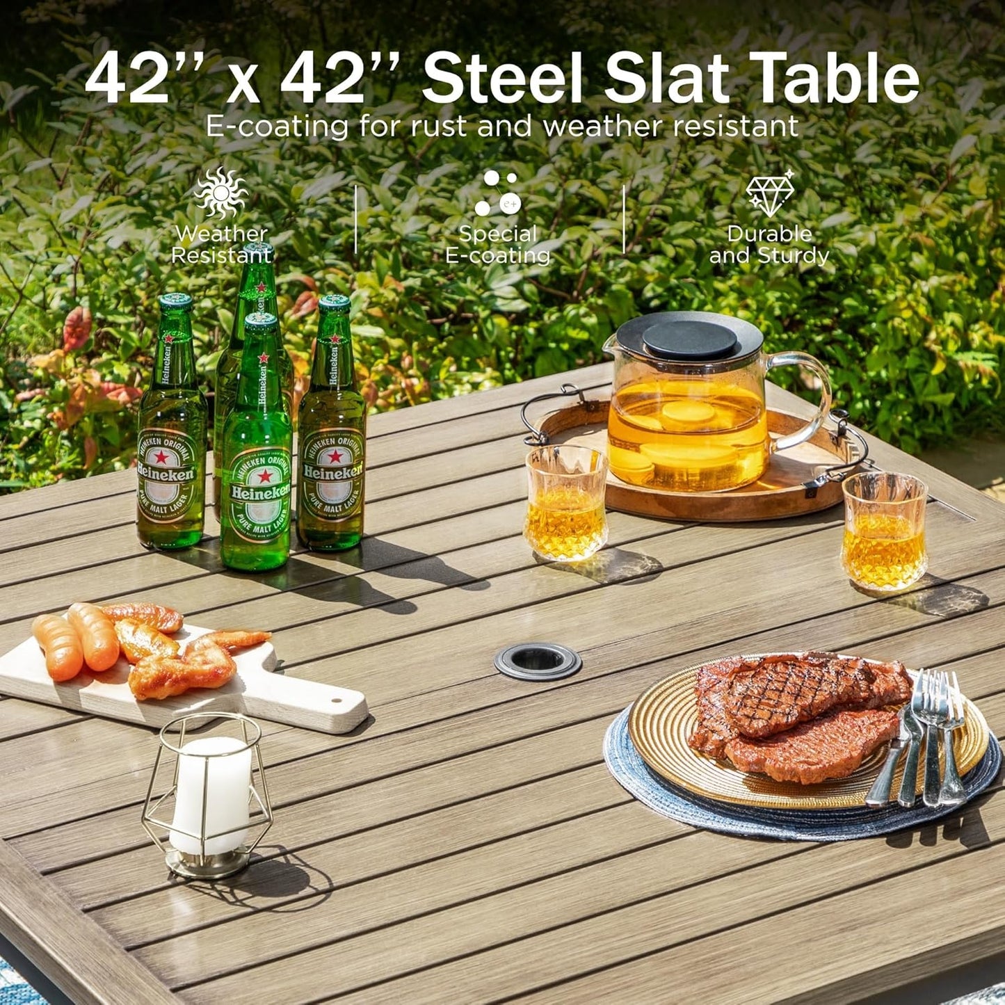 PHI VILLA Outdoor Patio Table, Square Metal Steel Slat Table with 1.57”- 1.9” Adjustable Umbrella Hole, Weather-Resistant Outdoor Dining Table for Garden Deck, 42" x 42" x 28.7", Brown