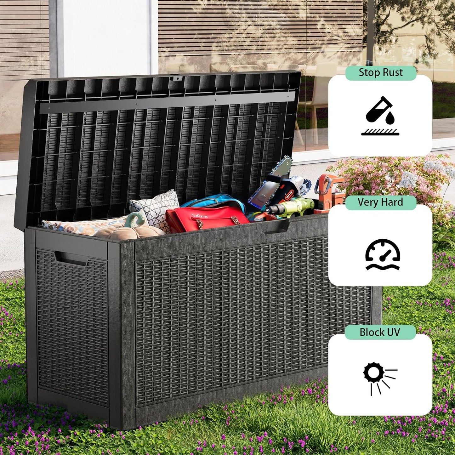 DRATO 60 Gallon Deck Box, Waterproof Resin Large Outdoor Storgae Box for Patio Furniture, Patio Cushions, Gardening Tools, Pool and Sports Supplies, Lockable