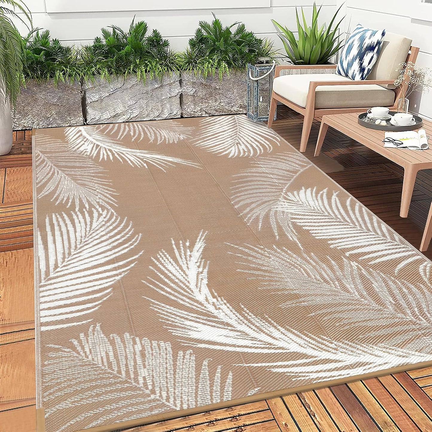 Pauwer Waterproof Outdoor Rug 5x8, Reversible Plastic Straw Patio Camping Rug, Indoor Outdoor RV Mat Carpet for Deck, Camper, Porch, Balcony, Backyard, Picnic, Leaf Brown