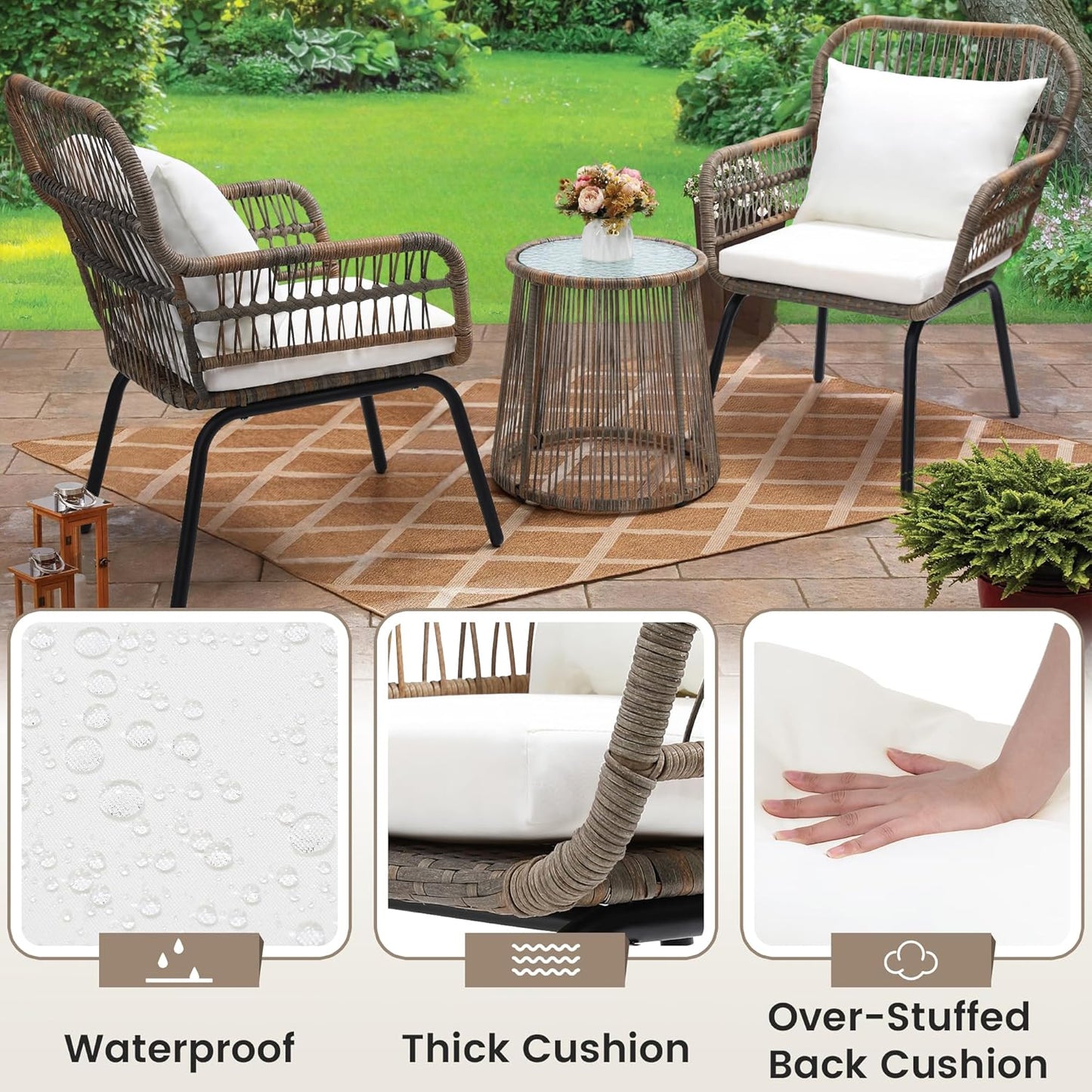 3 Pieces Rattan Wicker Bistro Set, Outdoor Conversation Set, Wicker Furniture Set with Glass Top Table, Space Saving for Balcony, Backyard, Natural