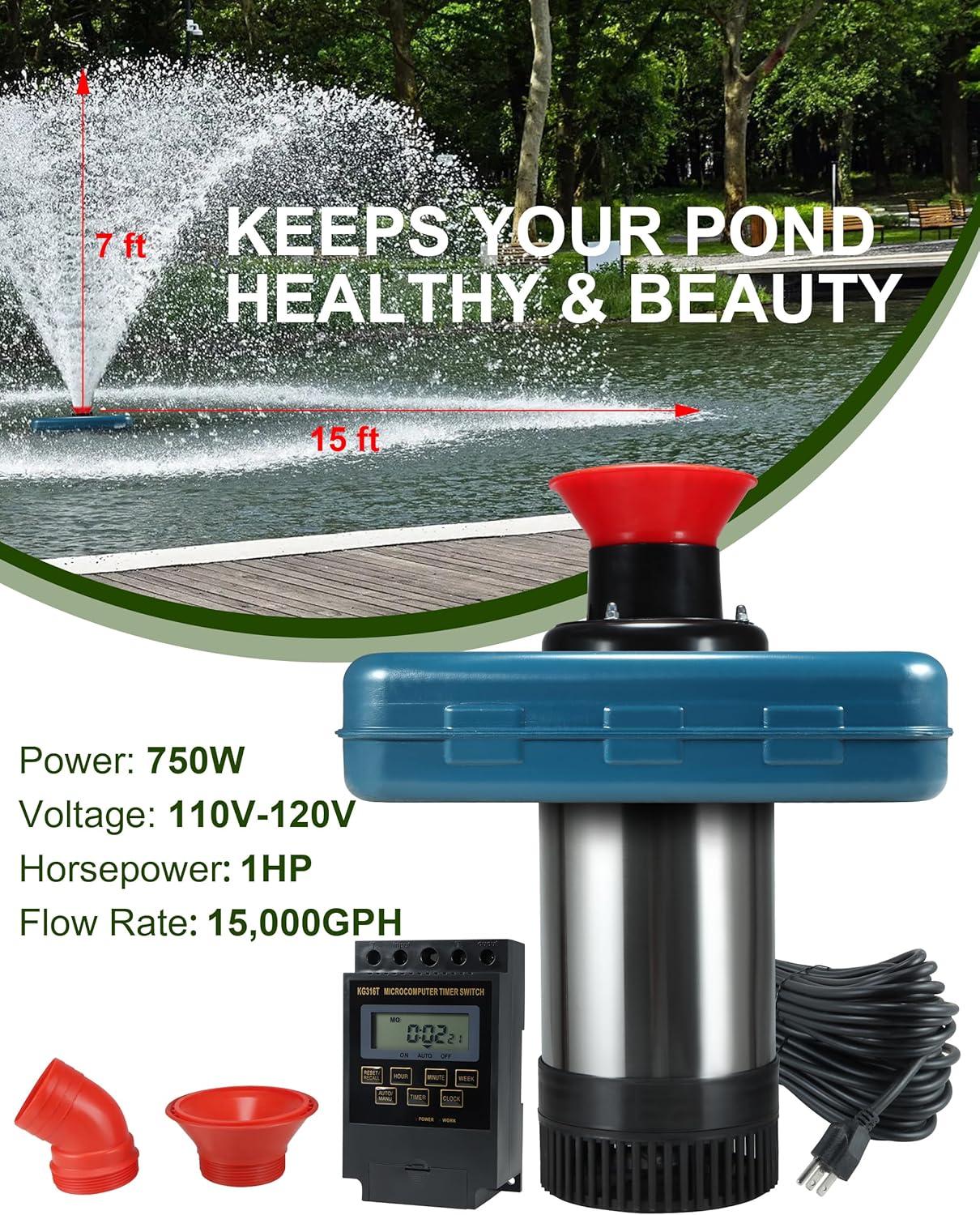 Pond Fountain Aerator 1HP, AS2 750W 15000GPH 110V/120V High Flow Floating Water Fountain Pump With 100ft Power Cord, Stainless Steel Body Aerating Fountains Cascade for Large Small Pond/Lake