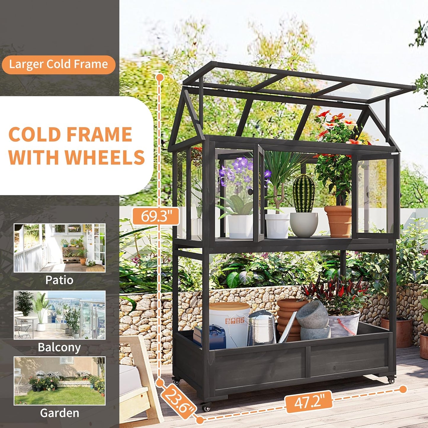 Greenhouse Cold Frames with Wheels - Adjustable Shelves Portable Cold Frame for Balcony/Patio, UV-Resistant Indoor Outdoor Plant Growing Cabinet (Large, Heavy-Duty) (Black)