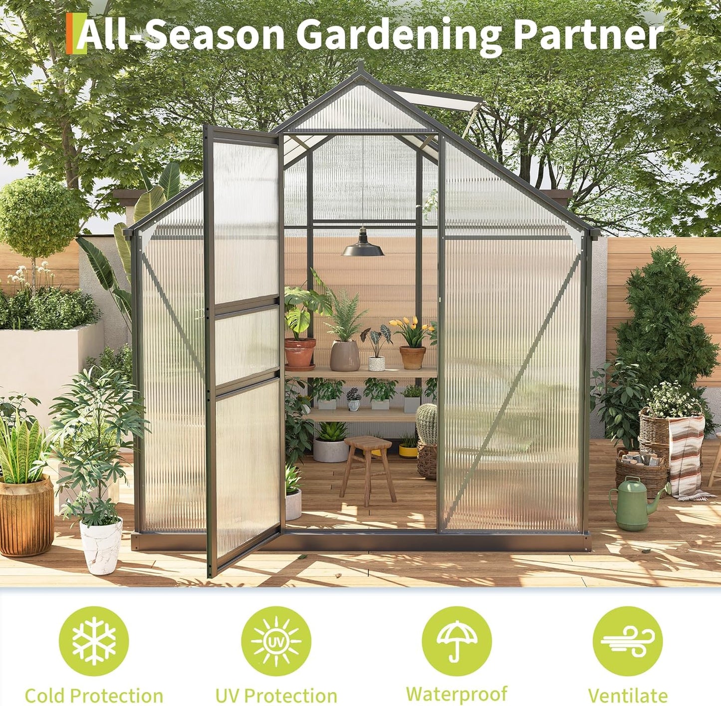 6*6 FT Outdoor Walk-in Greenhouse, Polycarbonate Green House, Heavy Duty Greenhouse with Vented Roof Window, Windproof Aluminum Frame, Suitable for Outside Gardening, Backyard, Patio
