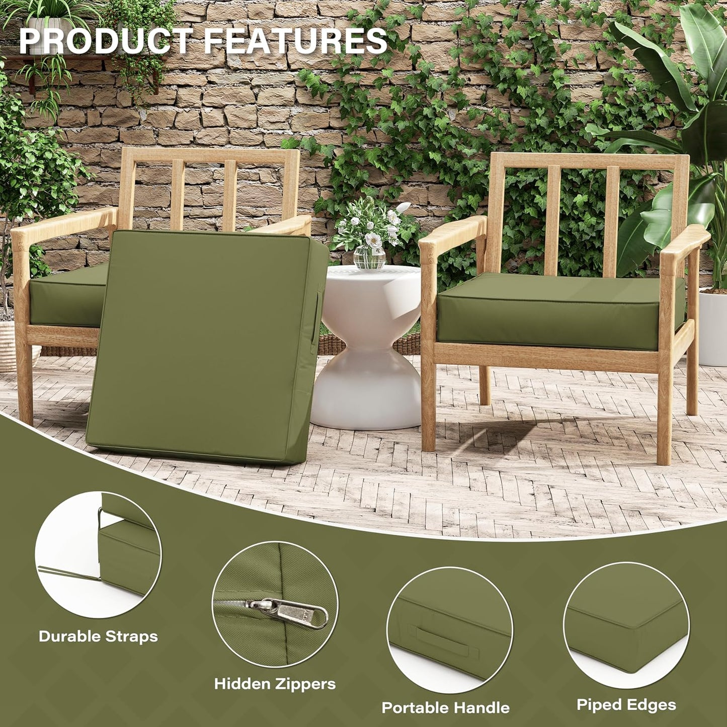 Patio Chair Cushions 24 X 24 X 5 Inch Waterproof Outdoor Seat Cushions for Patio Furniture, Outdoor Sofa Couch Pads with Ties & Handle, Set of 2, Light Green