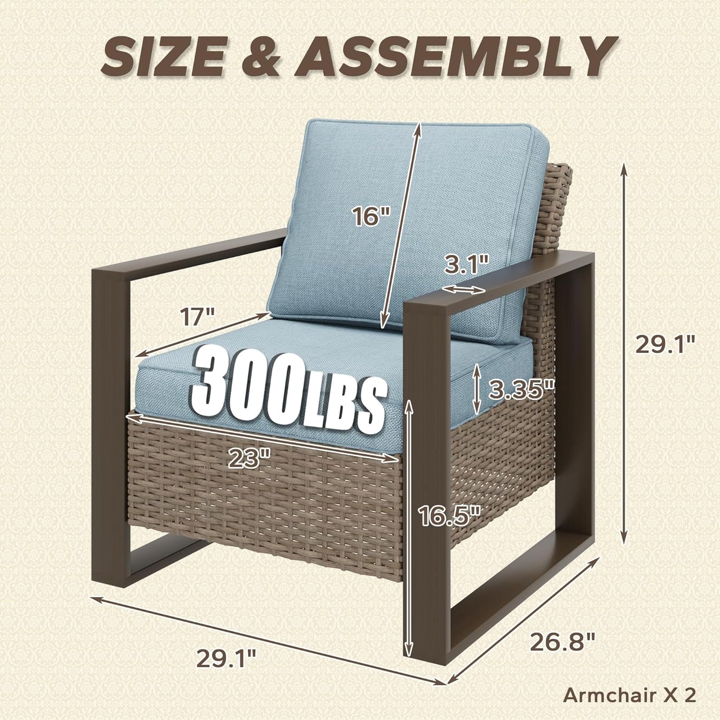 Patio Metal Wicker Chairs Set of 2, All Weather Outdoor Rattan Dining Chairs with Rectangular Framed Wood-Looking Armrest & Fade-Resistant Cushions for Deck Balcony Backyard, Baby Blue