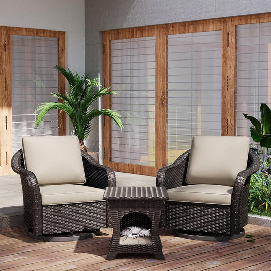 Outdoor Wicker 360 Degree Swivel Glider Rocker Chairs Set of 2 with Cat House Side Table, Patio Conversation Furniture Set with Washable Cushions for Garden, Poolside (Beige)