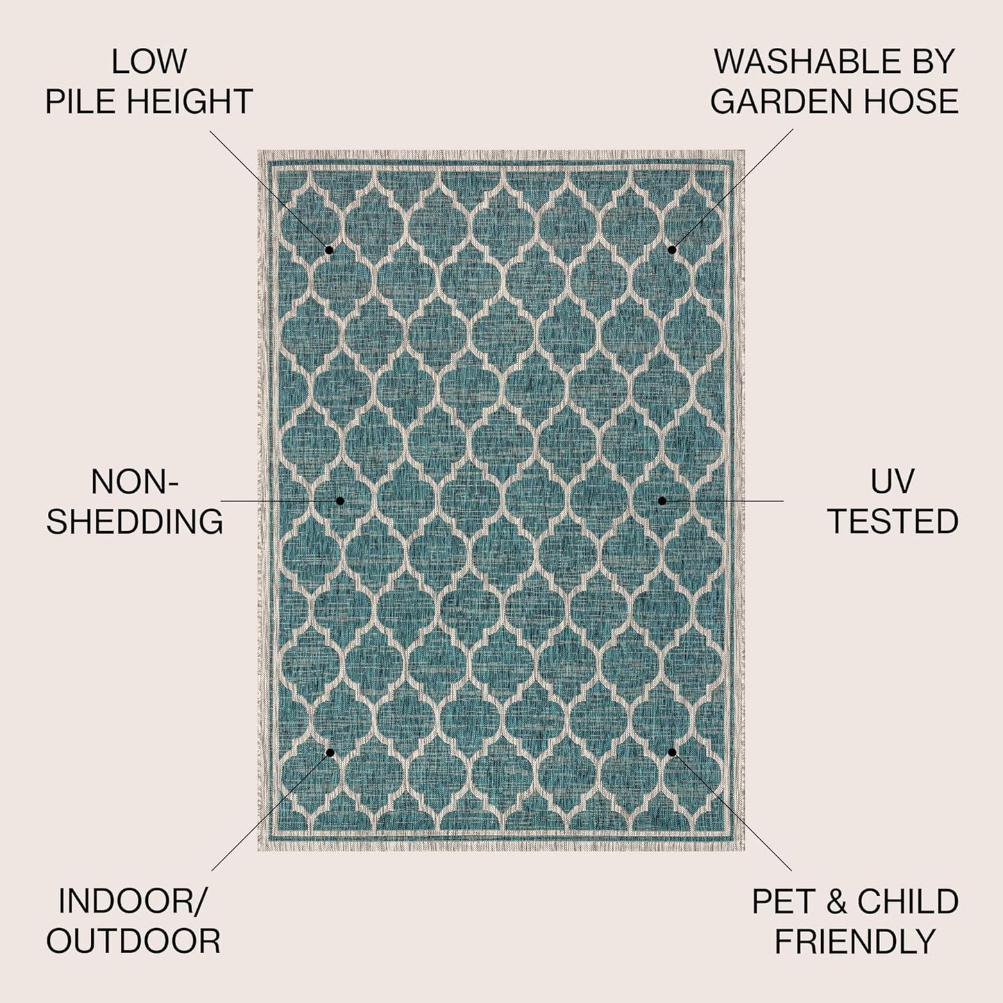 Eyely BMS109E-6SQ Santa Monica Trebol Moroccan Trellis Textured Weave, Pet Friendly, Non-Shedding, Stain Resistant, Easy-Cleaning, Teal/Gray, 6' Square, Indoor/Outdoor, Area Rug