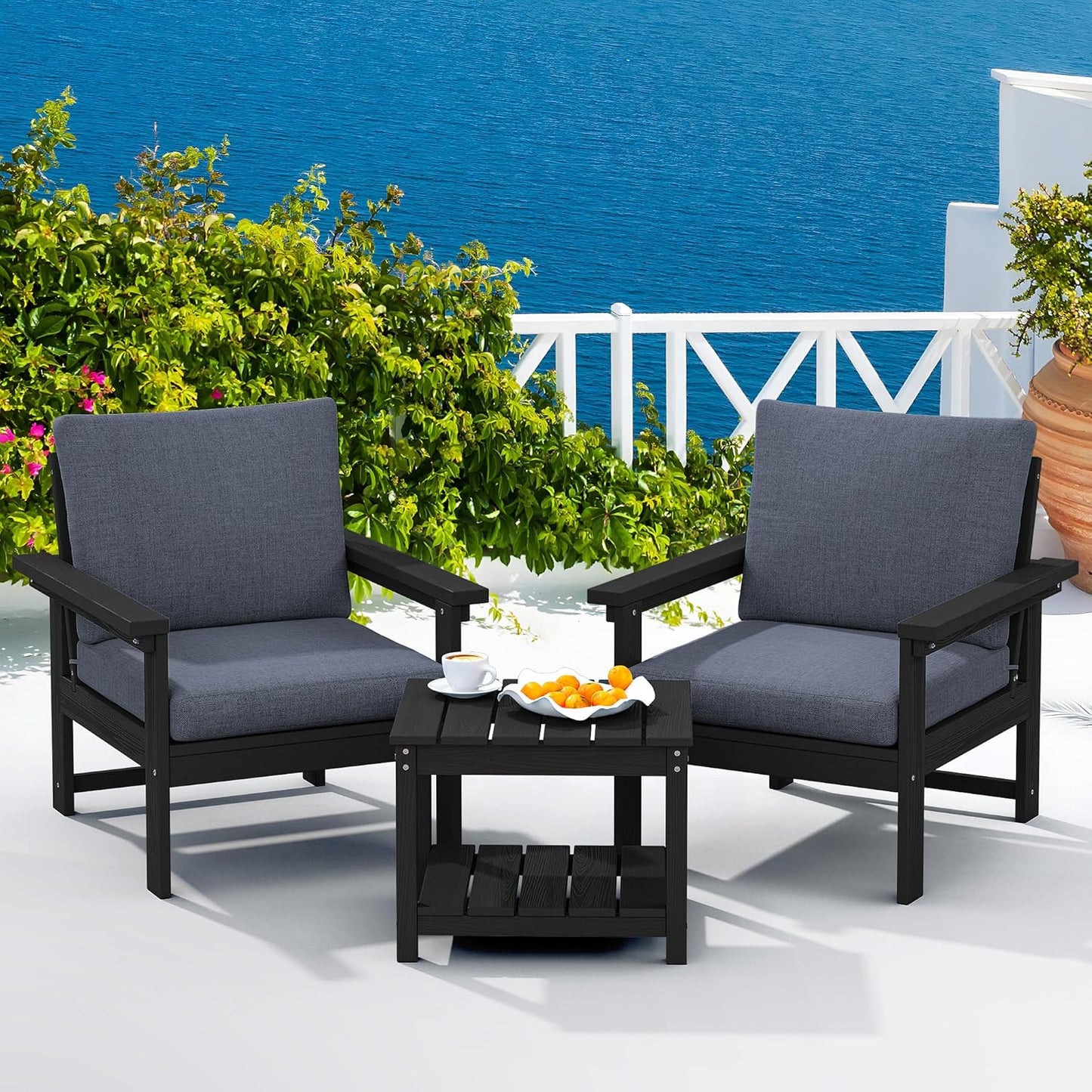 SERWALL HDPE Patio Sofa Set, 3-Piece Sectional Outdoor Furniture Set, All Weather Outdoor Couch Set Patio Furniture Set for Deck, Lawn, Black Frame with Grey Cushion