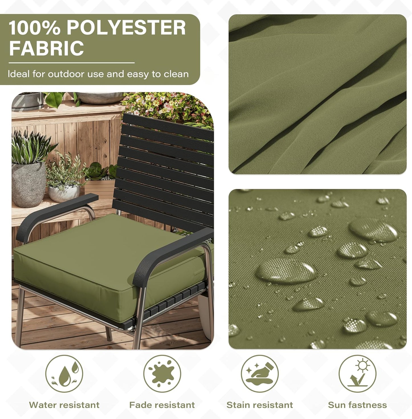 Patio Chair Cushions 24 X 24 X 5 Inch Waterproof Outdoor Seat Cushions for Patio Furniture, Outdoor Sofa Couch Pads with Ties & Handle, Set of 2, Light Green