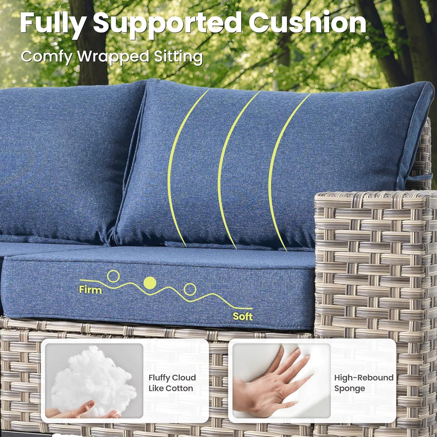 ovios 5 Pieces Patio Furniture Set Outdoor Sectional Sofa Couch with Deep Seat Chaise Comfy Cushions, Modern Modular Wicker Rattan Conversation Set Porch Deck Garden, Denim Blue