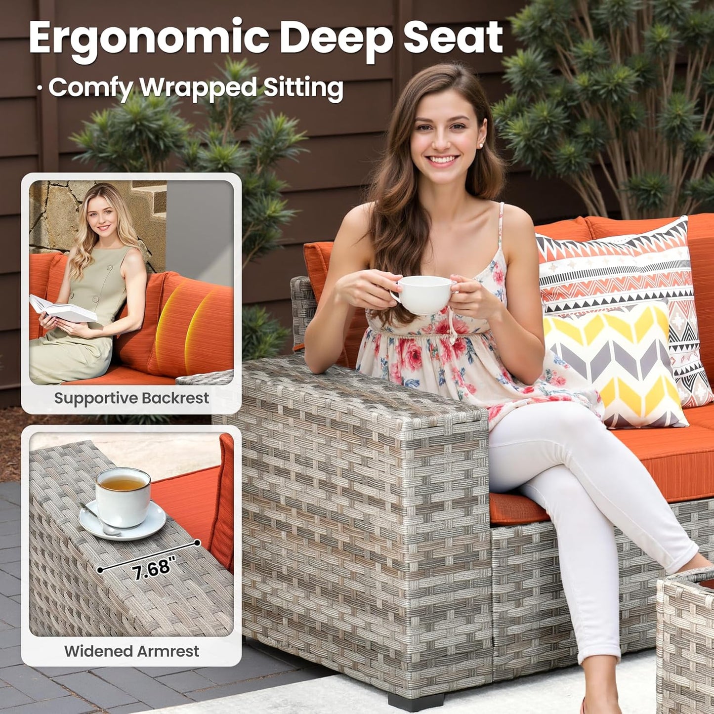 ovios 7 Pieces Patio Furniture Set, Outdoor Wicker Sectional Sofa with 42 Inch Fire Pit Table Comfy Cushions, Modern Modular Deep Seat Rattan Couch Conversation Set, Orange Red