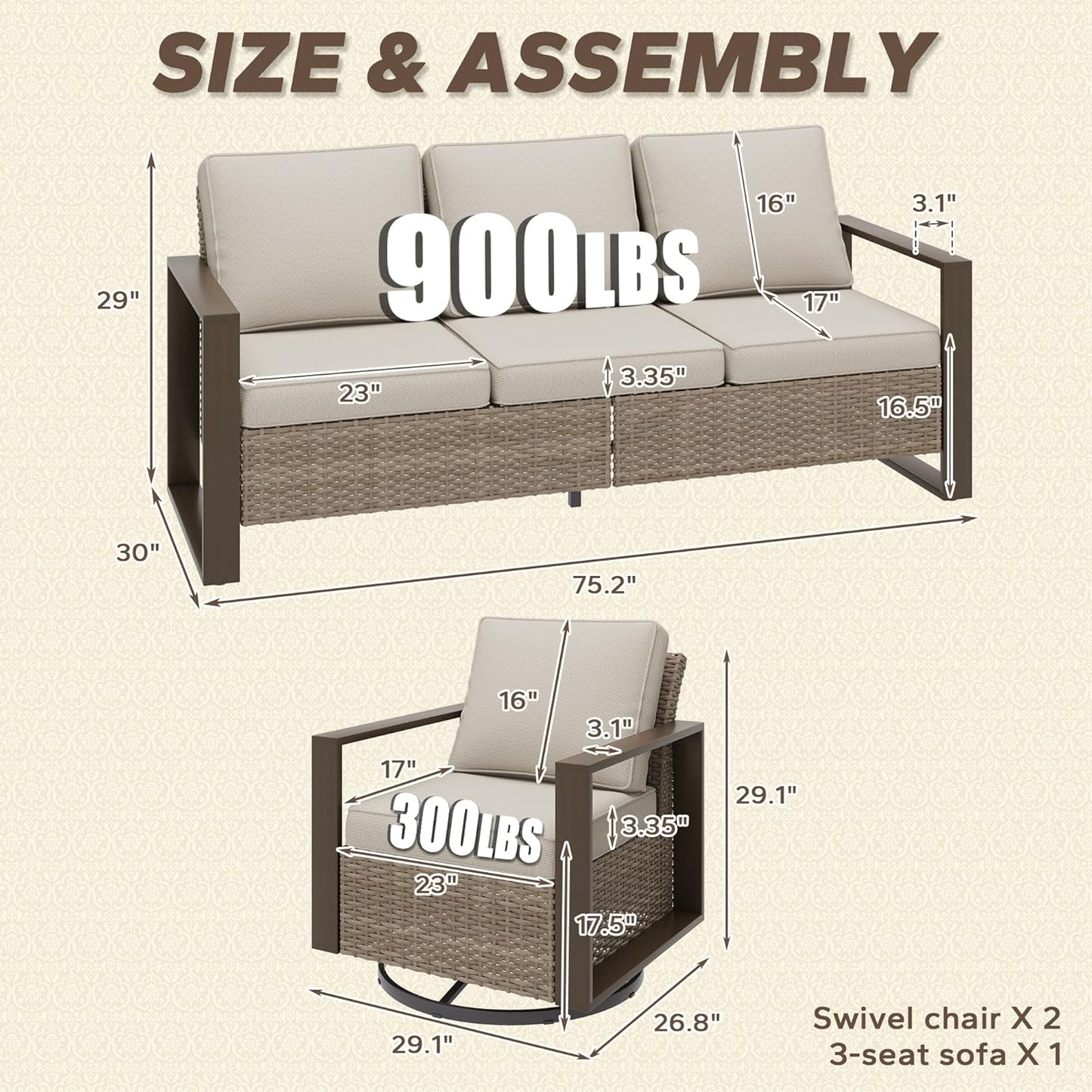 Wicker Patio 75" Sofa Set with 2 Swivel Chairs, All Weather Rattan Outdoor Conversation Furniture Set with Wood-Looking Metal Armrest & Removable Cushions for Backyard Porch, Beige