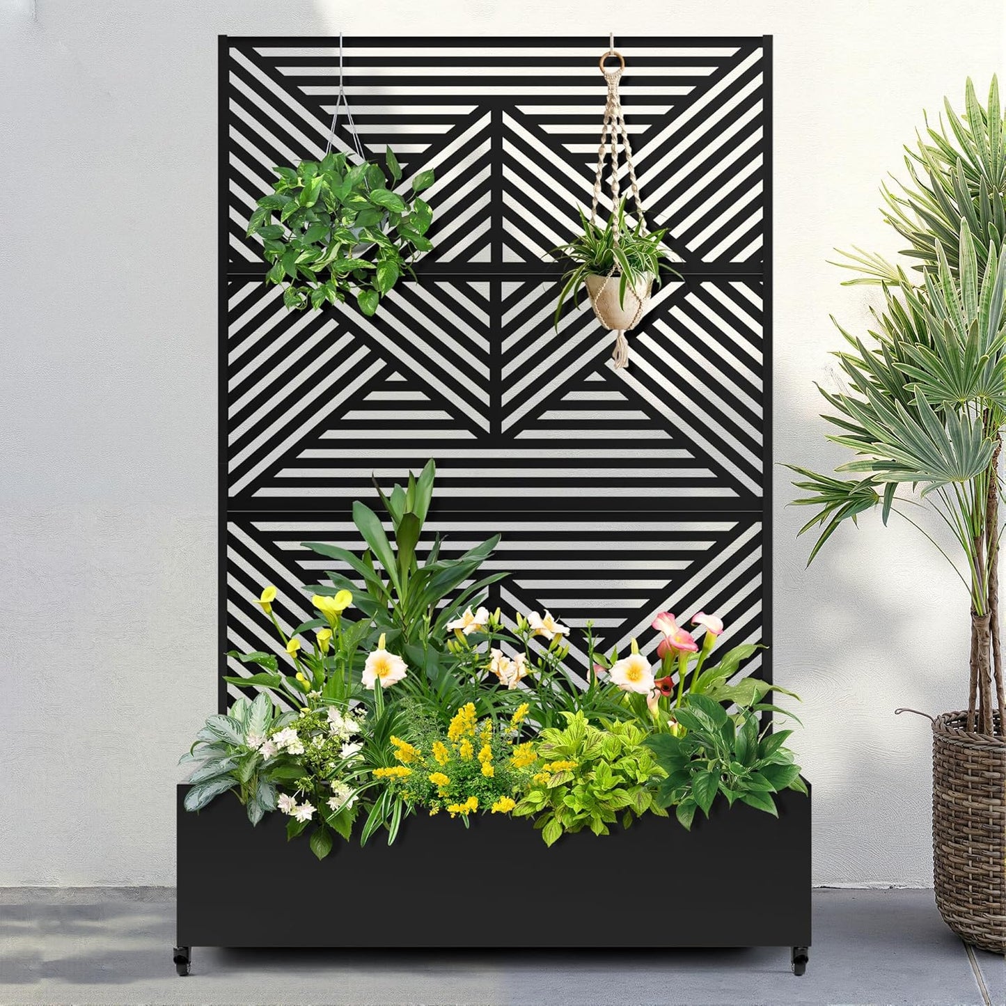 FENCY Metal Raised Garden Bed with Wheels and Trellis,73"x47"x16" Planter Box for Climbing Plants, Vegetables & Vines, Features Privacy Screen and Drainage Holes (Black-Modern)