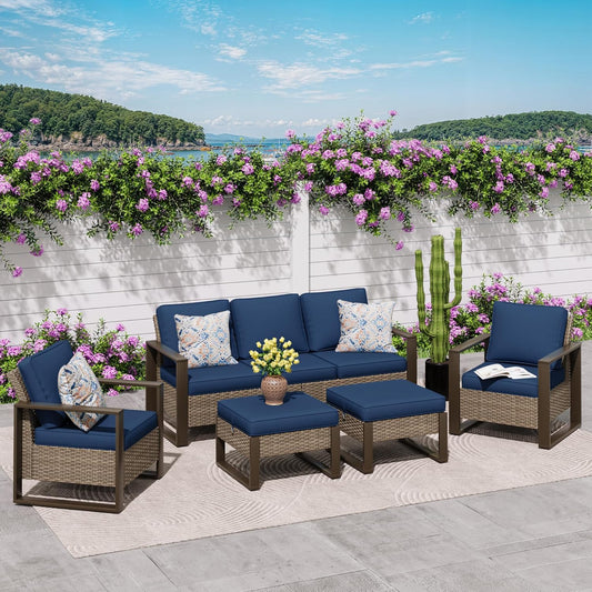 5 Pieces Metal Wicker Patio Furniture Set - 75" Sofa, Two Armchairs and Two Ottomans, All Weather Rattan Outdoor Conversation Furniture with Washable Cushion for Deck Porch, Dark Blue