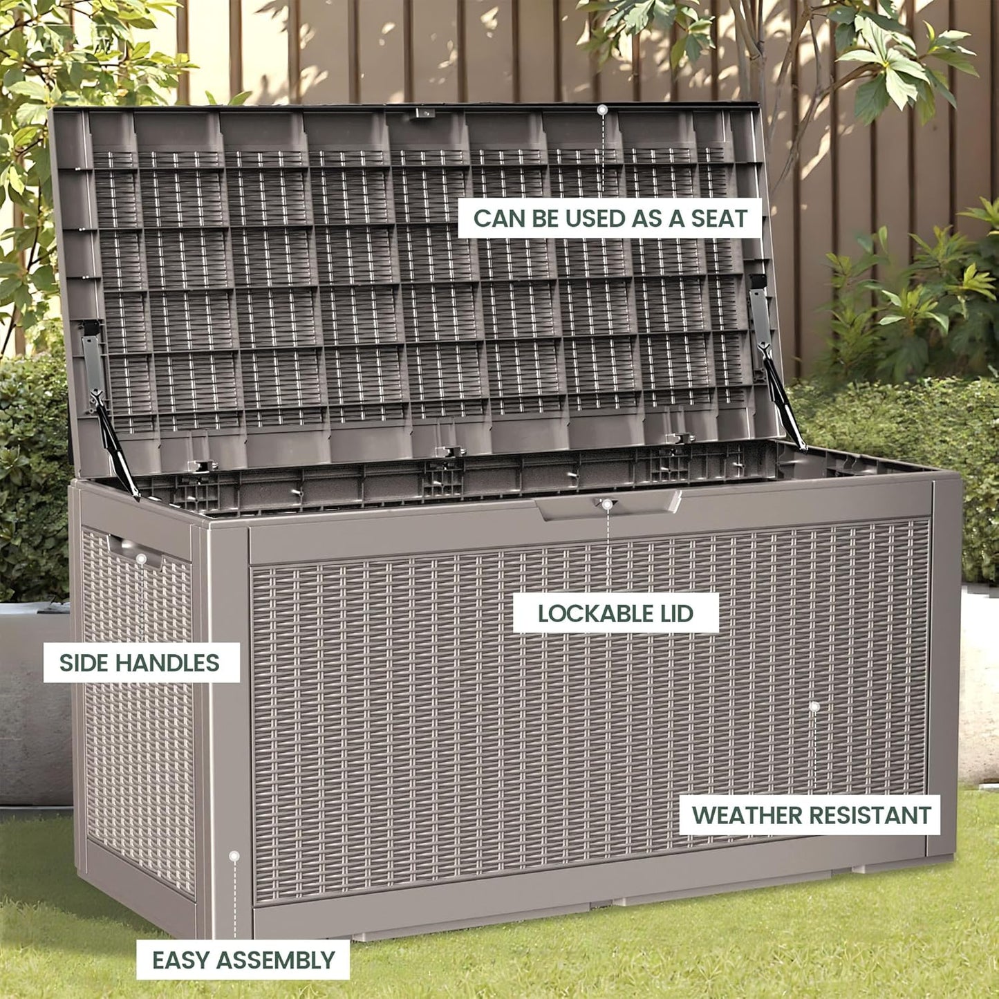 100 Gallon Storage Box, Waterproof Resin Deck Box with Hydraulic Piston Design, Lockable Storage Bench for Package Delivery, Storage Bin for Patio Cushions, Garden Tools, Grey