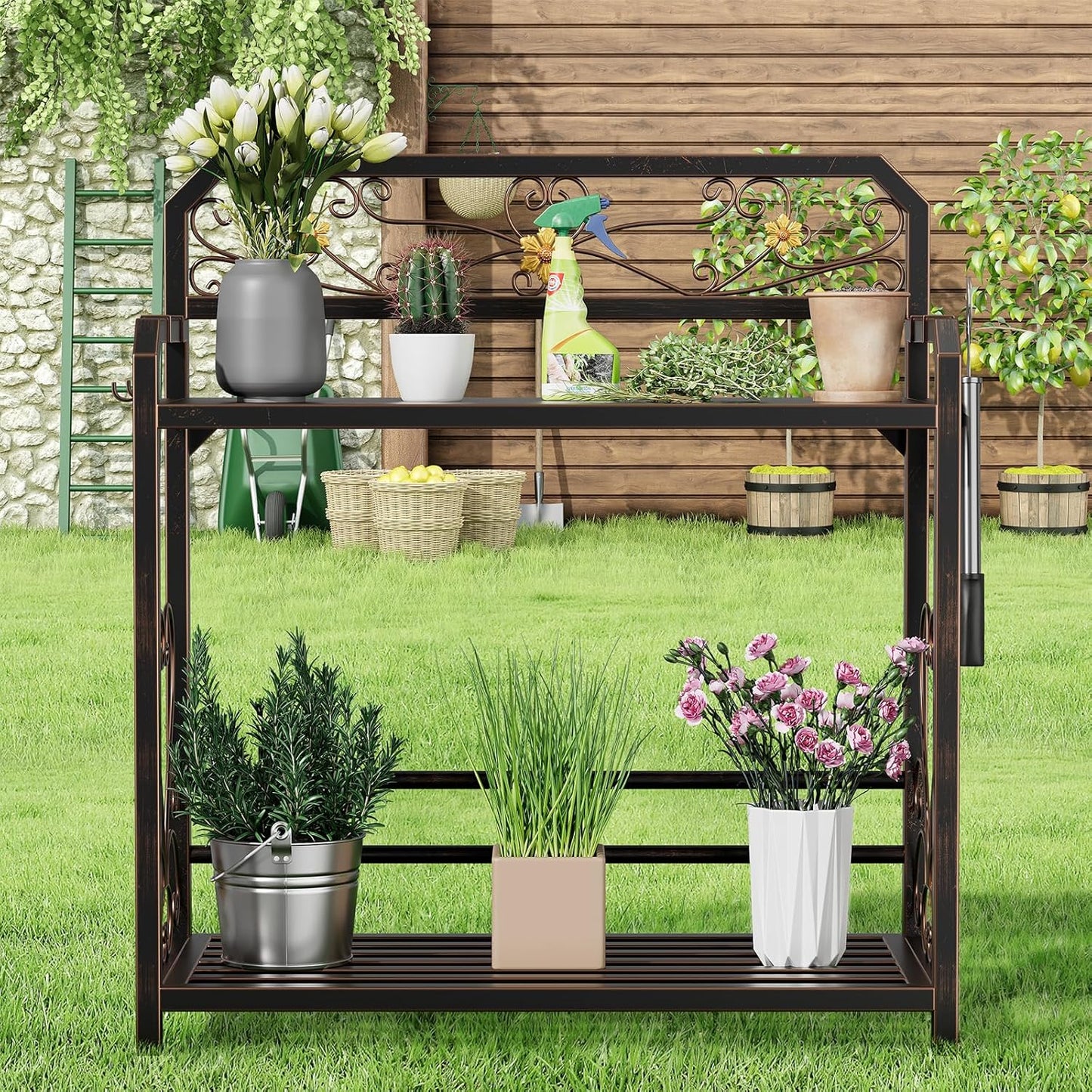 Potting Bench, Outdoor Potting Table with 4 Side Hooks, All-Weather Gardening Table Work Station, Outside Garden Workbench, 505lbs Capacity, 18" D x 39" W x 44" H, Distressed Vintage Black