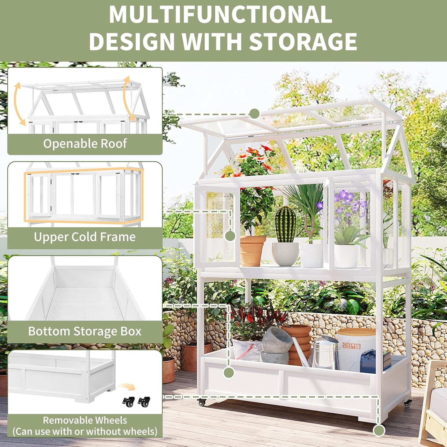 Garden Wood Portable Cold Frame - Mini Greenhouse with Wheels, Open Roof & Storage (White + Beige + Beige)