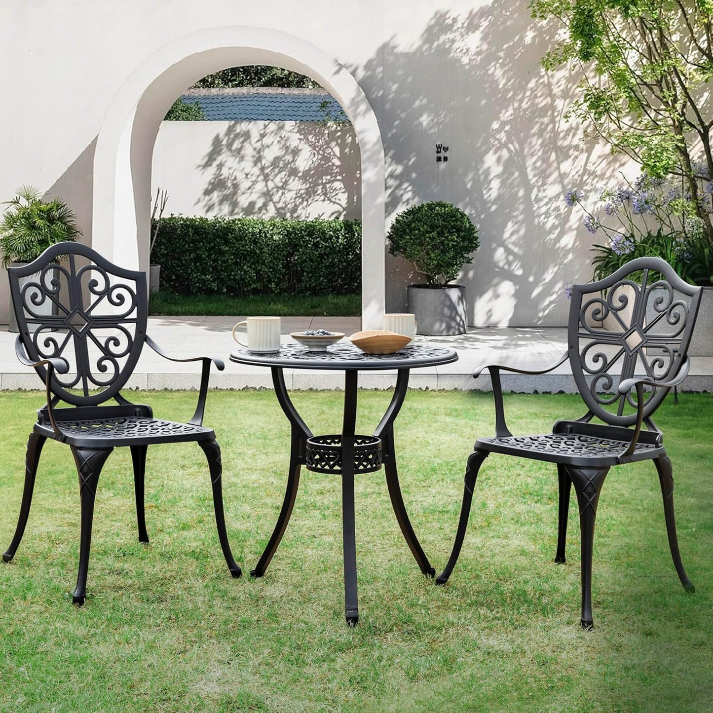 NUU GARDEN 3-Piece Outdoor Bistro Set, Round 24 Inch Cast Aluminum Bistro Table with 2.17" Umbrella Hole and 2 Cast Aluminum Bistro Chairs, for Patio, Garden, Backyard and Balcony, Black