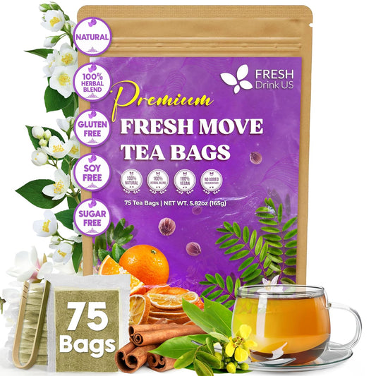 FreshDrinkUS, Fresh Move Tea – 75 Tea Bags - Herbal Tea Blend with Senna Leaves, Cinnamon, Orange Peel, Ginger & More – Caffeine-Free, Natural Ingredients – Smooth Flavor for Everyday Enjoyment