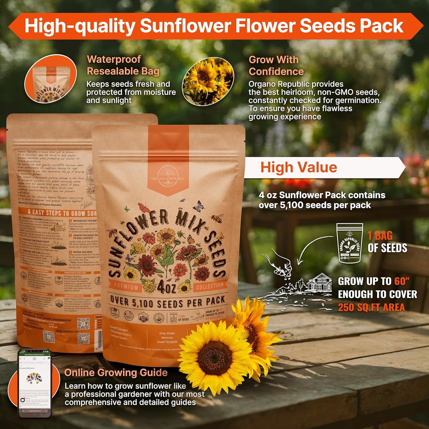 Sunflower Mix Seeds Pack 4 oz - Over 5,100 Non-GMO Heirloom Sunflower Seeds for Planting, Annual Flowers in Individual Seed Packet for Planting Home Garden Indoor & Outdoor Gardening