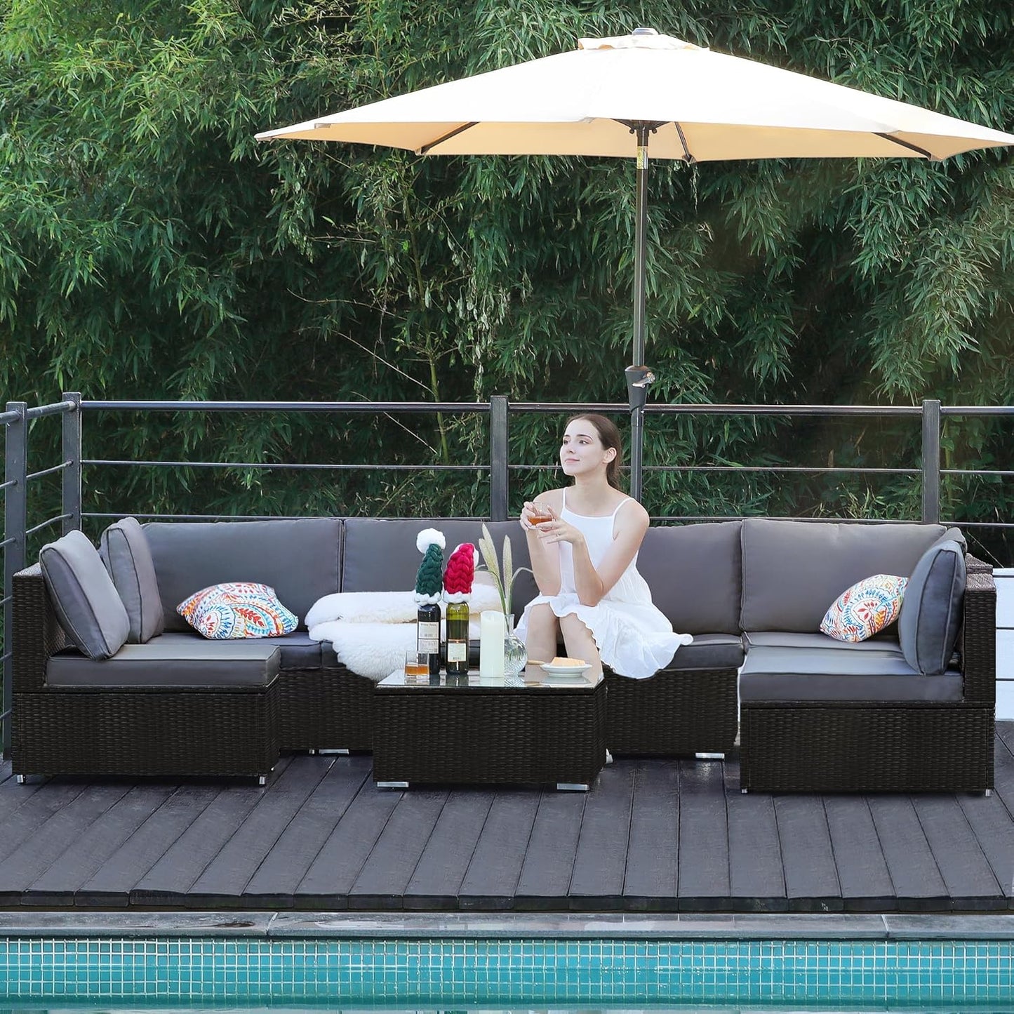 7-Piece Patio Furniture Set - Outdoor Sectional Sofa Set with Cushions and Glass-Top Coffee Table for Gardens, Poolside, Backyards and Porches, Black/Grey