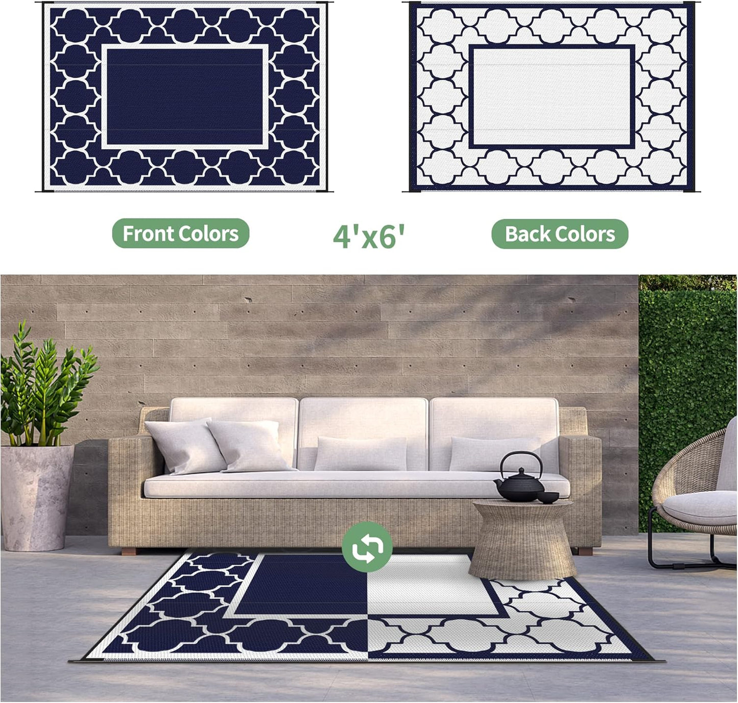 GENIMO 4' x 6' Outdoor Rug Waterproof for Patio Decor, Foldable Reversible Plastic Straw Area Rugs Mat for Camper, Outside Carpet for Rv, Deck, Porch, Picnic, Beach, Balcony, Blue & White