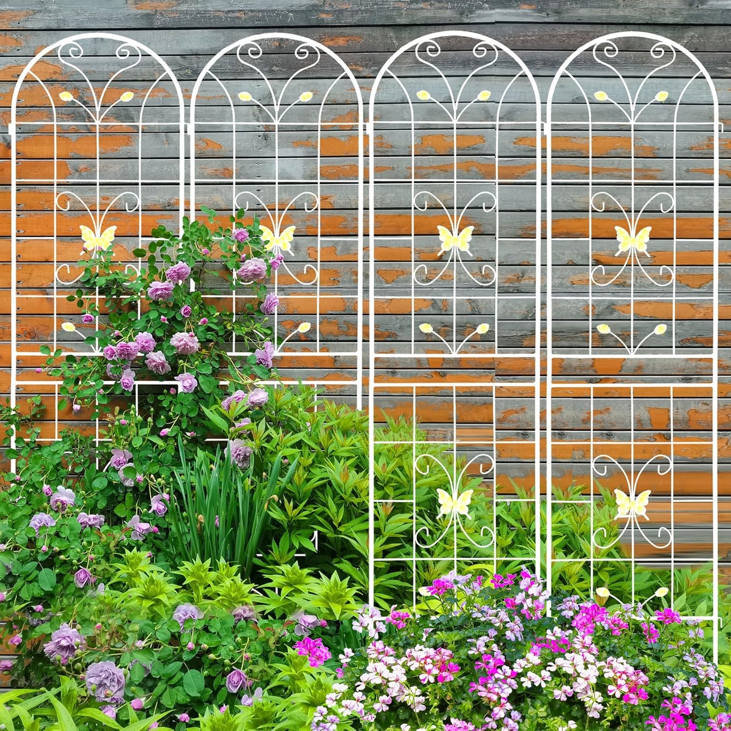 4 Pack Metal Garden Trellis 86.7" White Fence Rustproof Garden Trellis for Climbing Plants Support Roses Flower Outdoor Lawn, Cream White
