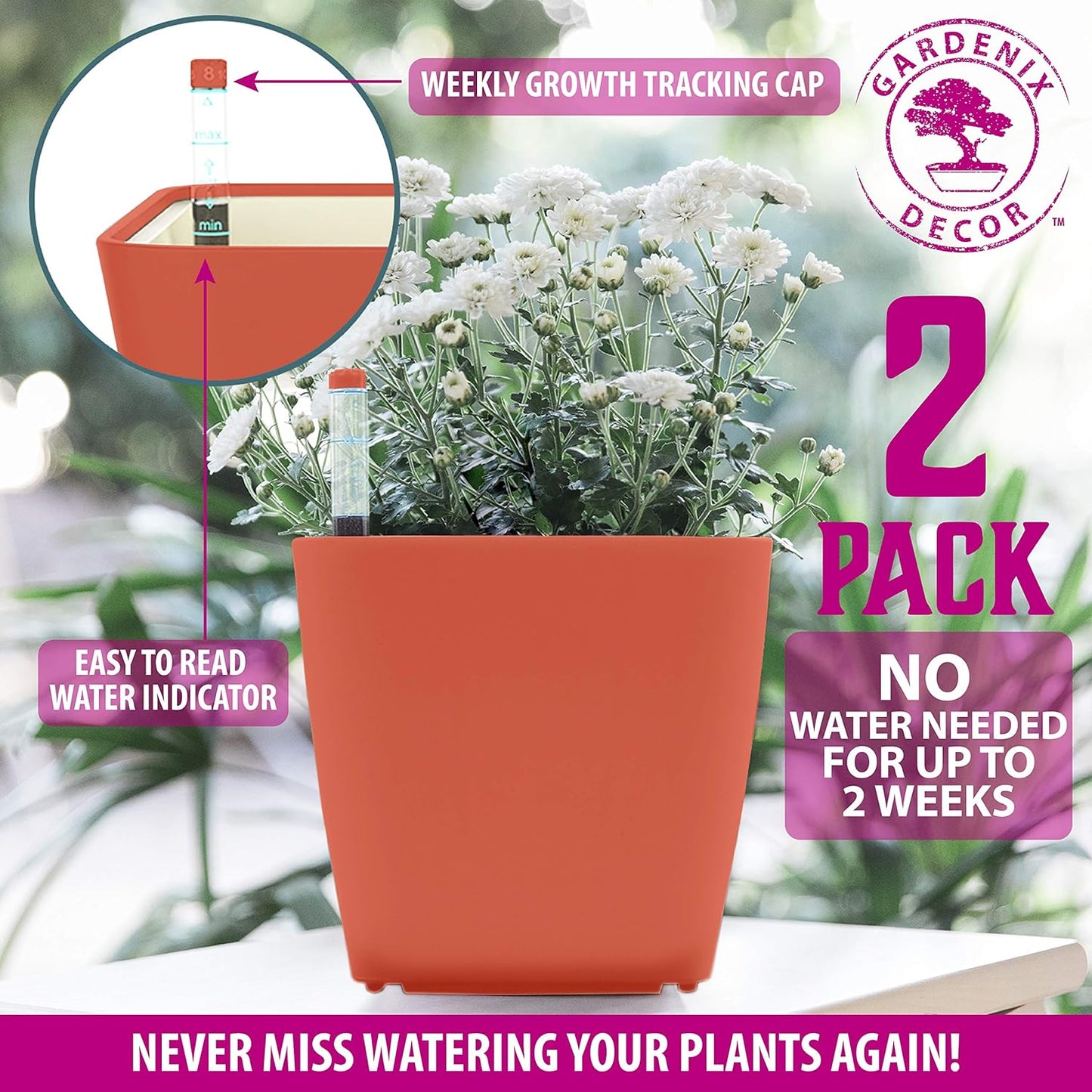 GARDENIX DECOR 5" Self Watering pots for Indoor Plants - Flower Pot with Water Level Indicator for Plants, Grow Tracking Tool - Self Watering Planter Plant Pot – 2 Pack Terracota