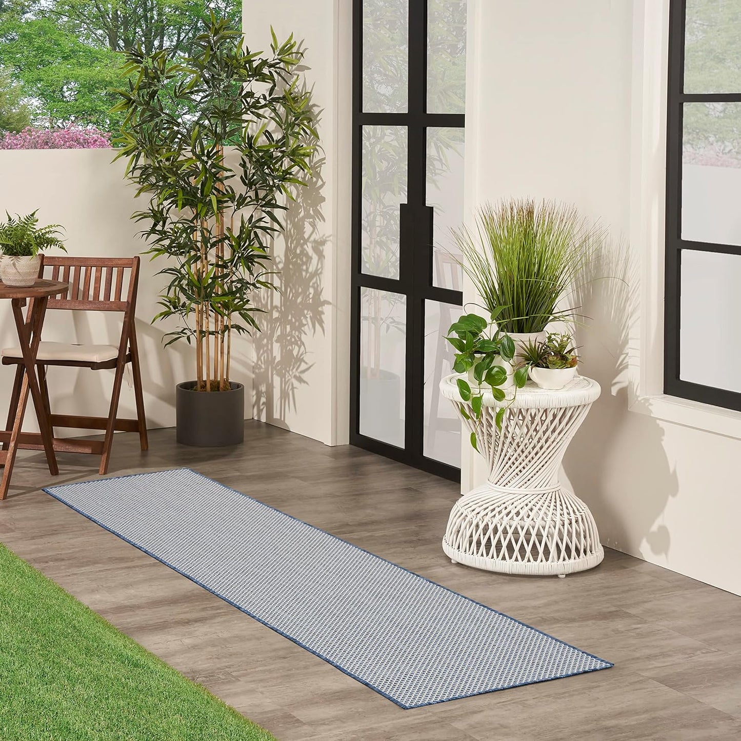 Nourison Home Courtyard Ivory Blue 2' x 6' Area Rug Easy Clean, Non Shedding, Bed Room, Living Room, Dining Room, Kitchen (6' Runner)