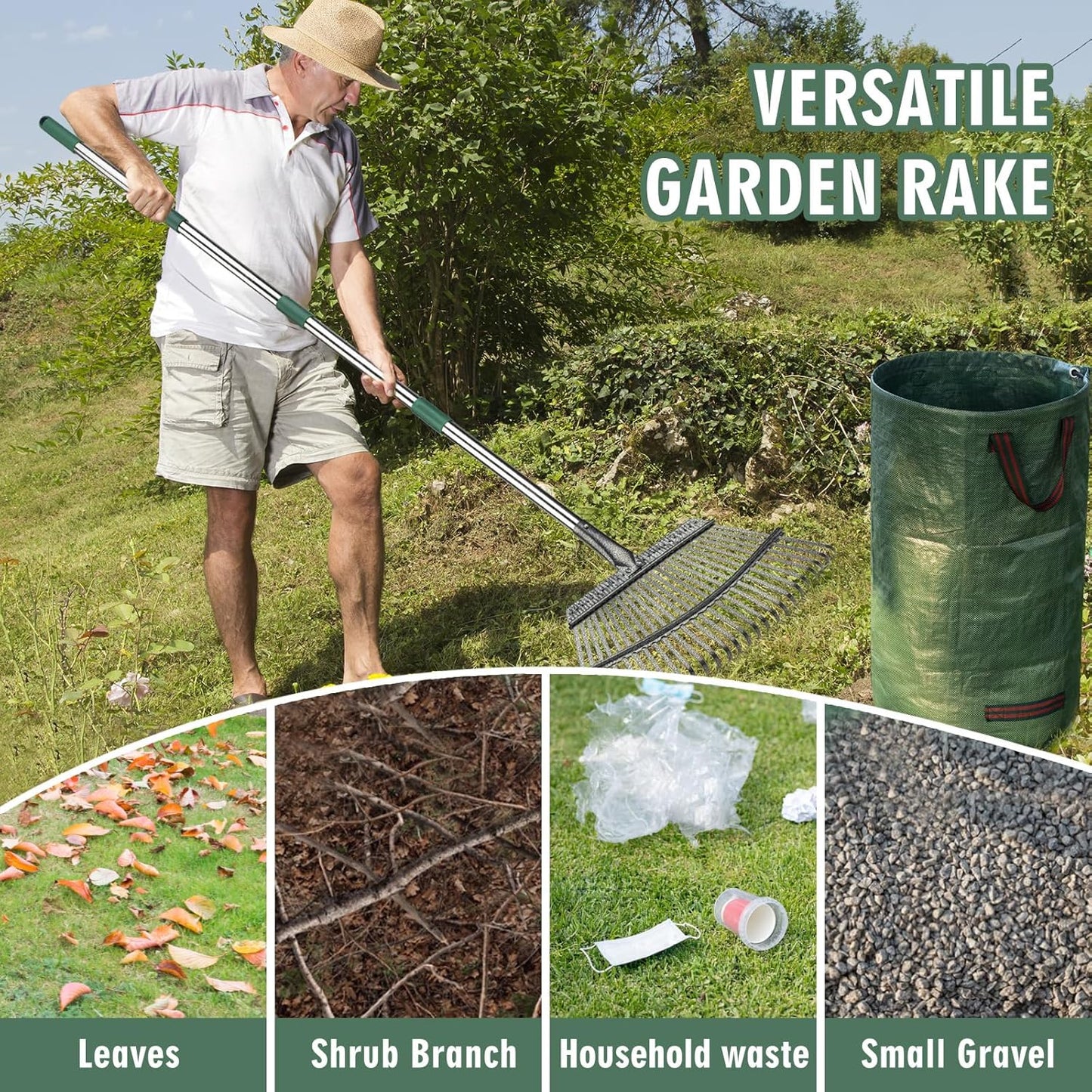 65" Rake,25-Tine Heavy Duty Garden Rake with Leaf Scoops & Bag - Non-Slip Fixed Handle Metal Rastrillo para Jardin for Lawn, Yard, Shrubs, Leaves, Debris